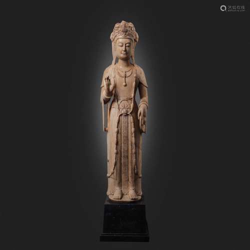 STANDING WHITE MARBLE CARVED GUANYIN STATUE, IN NORTHERN WEI...