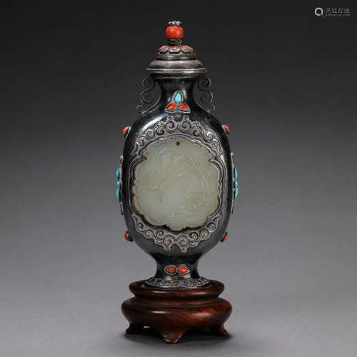 CHINESE QING DYNASTY FINE SILVER INLAID HETIAN JADE VASE