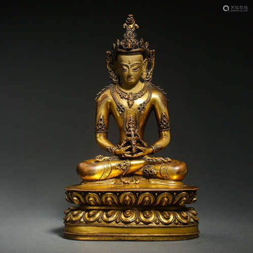 CHINESE QING DYNASTY GILT BRONZE SEATED BUDDHA STATUE