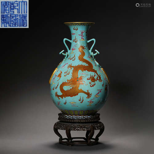 CHINESE QING DYNASTY FAMILLE ROSE YU HU CHUN VASE WITH ROSEW...