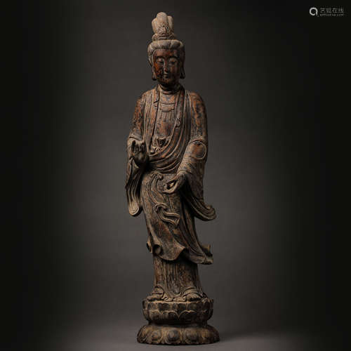 CHINESE SOUTHERN SONG DYNASTY WOOD CARVED GUANYIN STANDING S...