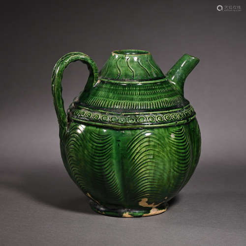 CHINESE TANG DYNASTY GREEN-GLAZED BLACK-PATTERNED POT