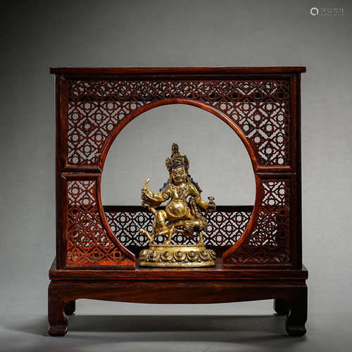 CHINESE QING DYNASTY GILT-BRONZE PEDESTAL STATUE AND ROSEWOO...