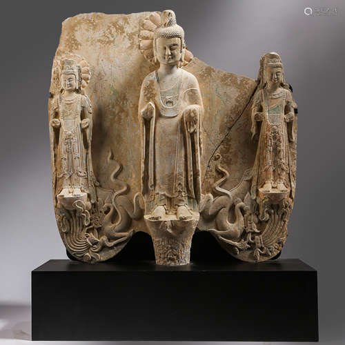 STONE CARVED ONE BUDDHA AND TWO AVALOKITESVARA, NORTHERN WEI...