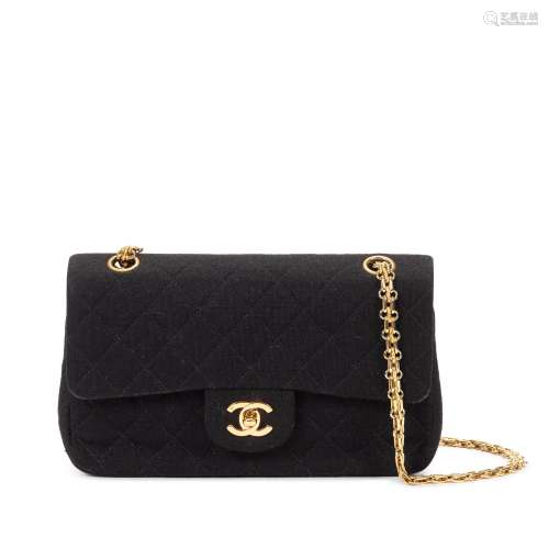 Black Jersey Quilted Medium Double Flap Bag Gold Hardware, 1...