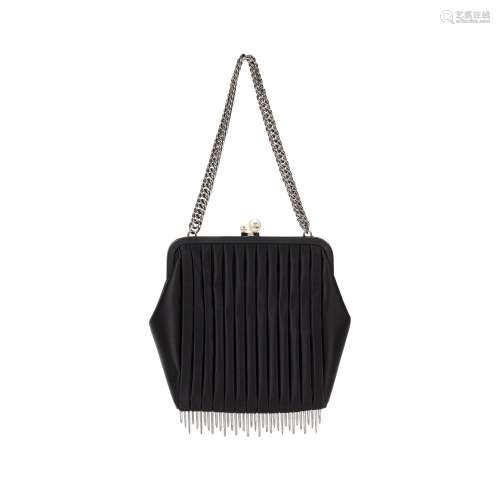 Black Satin Pleated Chain Fringe Evening Bag Ruthenium Hardw...