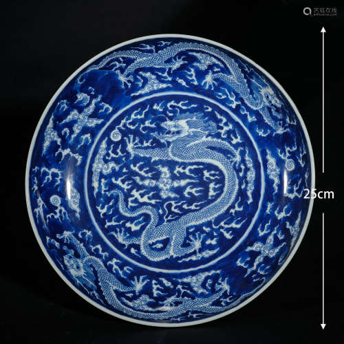 Blue and white dragon pattern plate青花龙纹盘