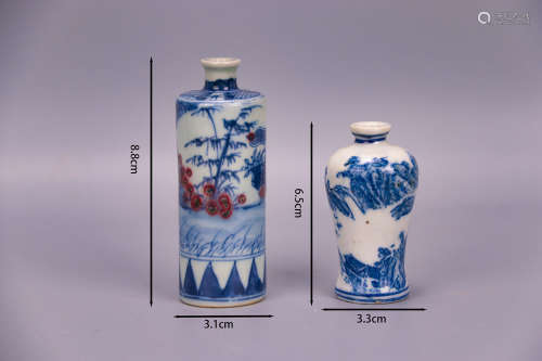 2 blue and white snuff bottles青花鼻烟壶2个