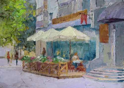 Oil painting Spring on European street Serdyuk Boris