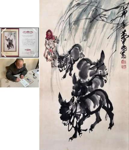 CHINESE SCROLL PAINTING OF GIRL AND DONKEY SIGNED BY
