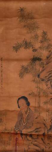 CHINESE SCROLL PAINTING OF BEAUTY IN BAMBOO SIGNED BY