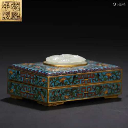 CHINESE WHITE JADE PLAQUE INLAID CLOISONNE FLOWER SQUARE BOX