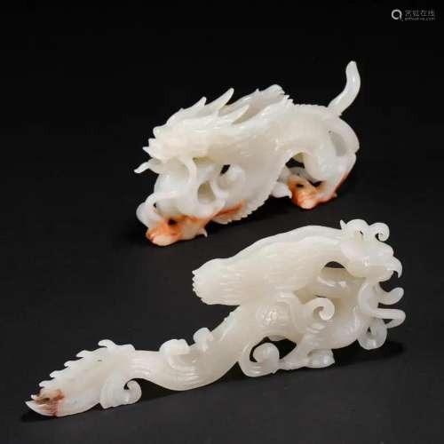 PAIR OF CHINESE WHITE JADE DRAGON TABLE ITEMS
