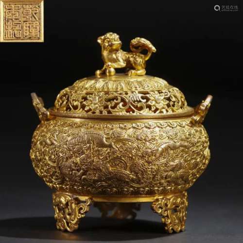 CHINESE GILT BRONZE DRAGON INCENSE CAGE
