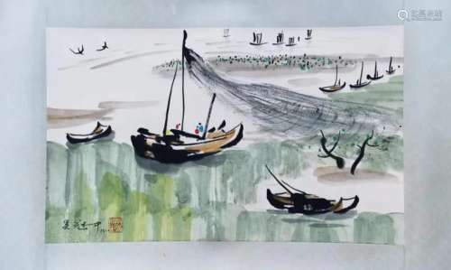 CHINESE SCROLL PAINTING OF RIVER VIEWS SIGNED BY WU