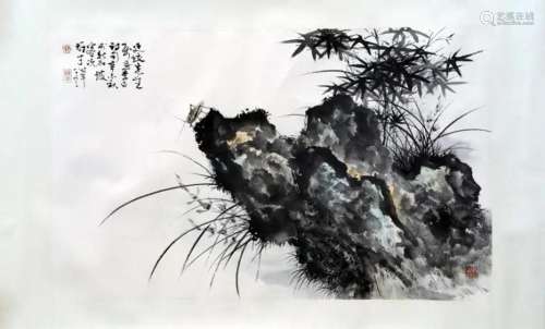 CHINESE SCROLL PAINTING OF BAMBOO AND ROCK SIGNED BY LI