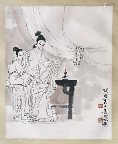 CHINESE SCROLL PAINTING OF BEAUTY IN RENT SIGNED BY