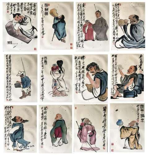 TWEELVE PAGES OF CHINESE ALBUM PAINTING OF FIGURES