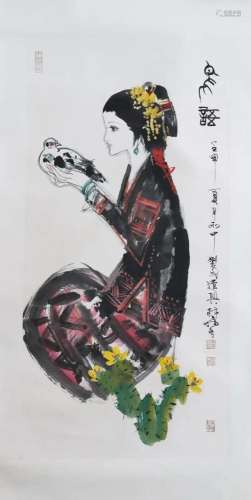 CHINESE SCROLL PAINTING OF GIRL WITH DOVE SIGNED BY