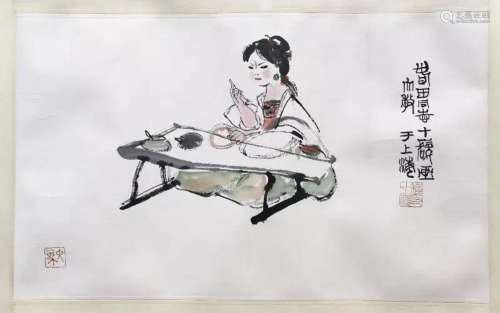 CHINESE SCROLL PAINTING OF GIRL WRITING SIGNED BY CHENG