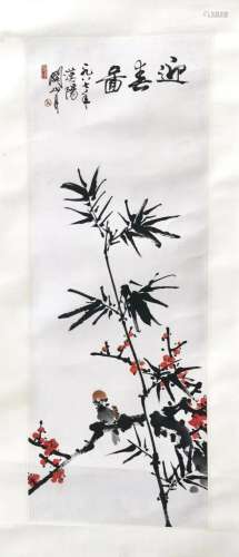CHINESE SCROLL PAINTING OF BAMBOO AND FLOWER SIGNED BY
