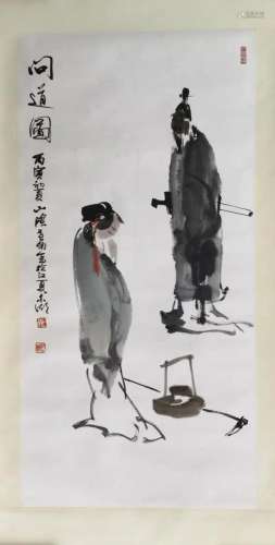 CHINESE SCROLL PAINTING OF MAN WITH GIRL SIGNED BY LI