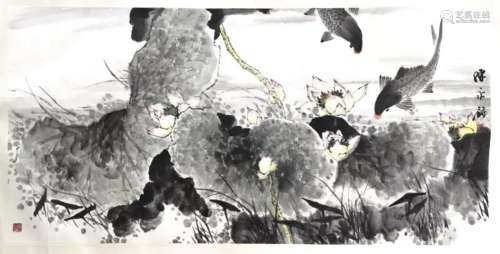 CHINESE SCROLL PAINTING OF FISH AND LOTUS SIGNED BY