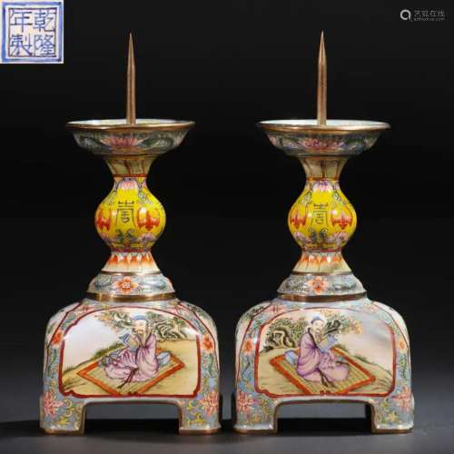 PAIR OF CHINESE ENAMEL CANDLE HOLDERS