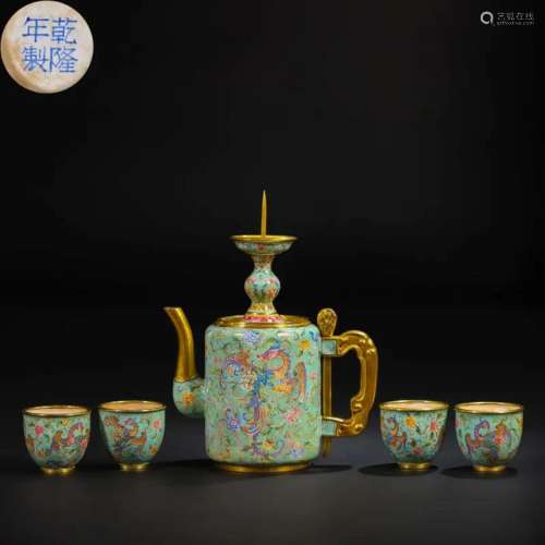 CHINESE ENAMEL TEA POT WITH FOUR CUPS