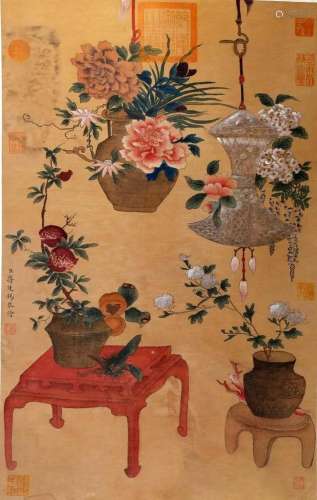 CHINESE SCROLL PAINTING OF FLOWER IN VASE SIGNED BY