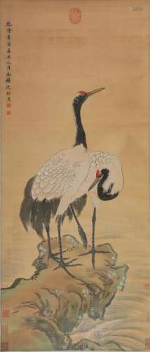CHINESE SCROLL PAINTING OF CRANE ON ROCK SIGNED BY SHEN