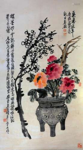 CHINESE SCROLL PAINTING OF FLOWER IN DING SIGNED BY WU