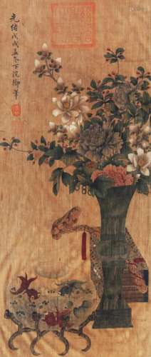 CHINESE SCROLL PAINTING OF FLOWER IN GU VASE SIGNED BY