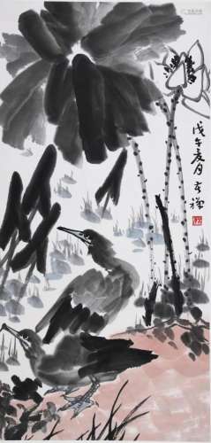 CHINESE SCROLL PAINTING OF BIRD AND LOTUS SIGNED BY LI
