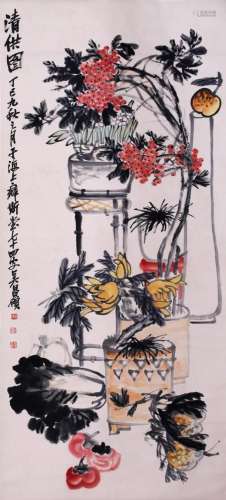 CHINESE SCROLL PAINTING OF FLOWER IN VASE SIGNED BY WU