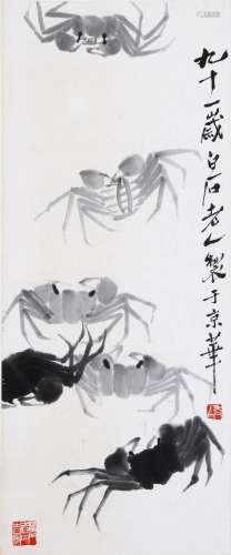 CHINESE SCROLL PAINTING OF CRAB SIGNED BY QI BAISHI