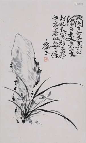 CHINESE SCROLL PAINTING OF ORCHID AND ROCK SIGNED BY