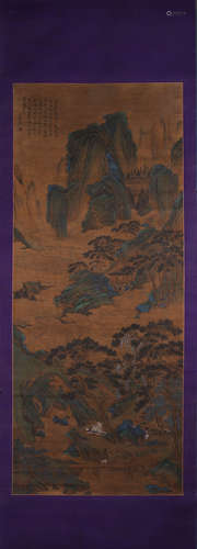 A Chinese landscape silk scroll painting, Chouying mark