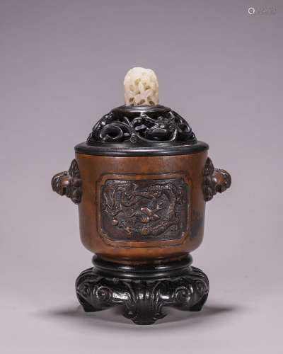 A dragon patterned double-eared copper censer