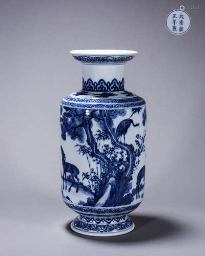 A blue and white crane and deer porcelain vase