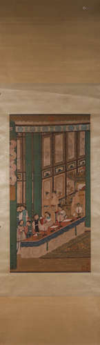 A Chinese landscape silk scroll painting, Chouying mark