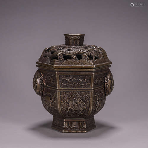 A seawater and qilin copper censer with phoenix-shaped ears