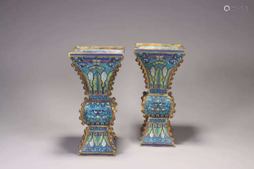 A pair of taotie patterned cloisonne squared beaker vases