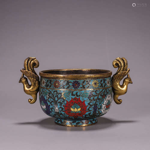 A gilding cloisonne censer with phoenix-shaped ears