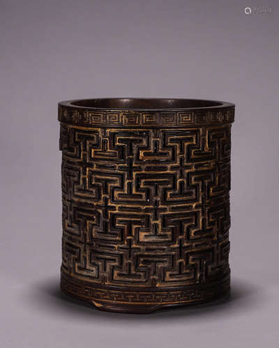 A red sandalwood gilt brush pot