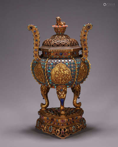 A gilding silver gem-inlaid censer