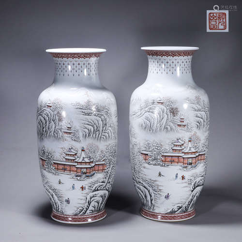 A pair of famille rose landscape porcelain vases