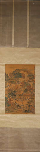 A Chinese figure silk scroll painting, Wenjia mark