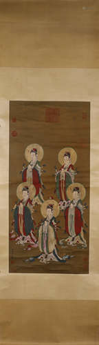 A Chinese Guanyin silk scroll painting, Wu Daozi mark