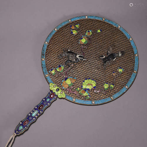 A gilding silver magpie and wintersweet round fan